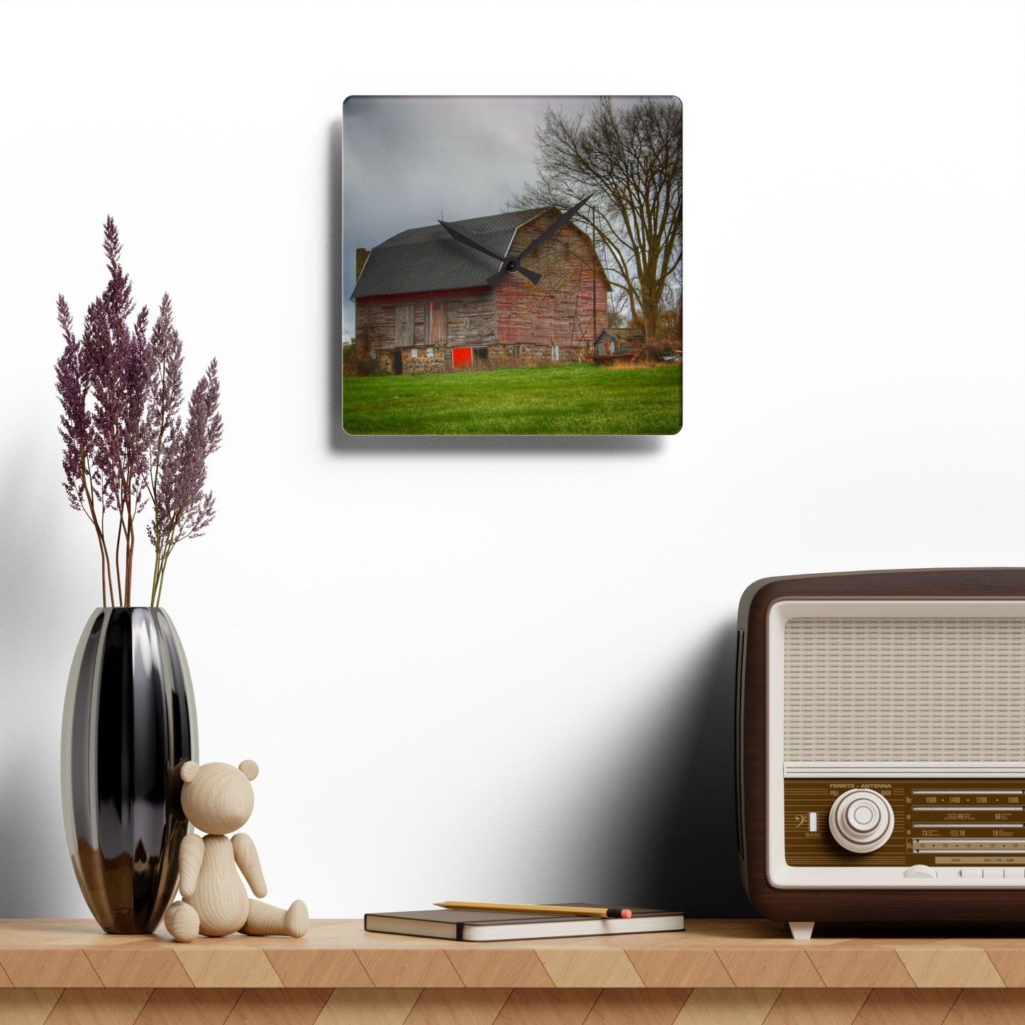 U R There Photography Ashley Drive Fieldstone Red Rustic Farmhouse Acrylic Analog Wall Clock