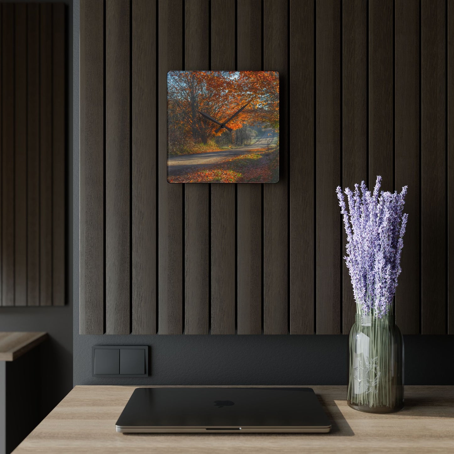 U R There Photography Fall on Oak Road Rustic Farmhouse Acrylic Analog Wall Clock