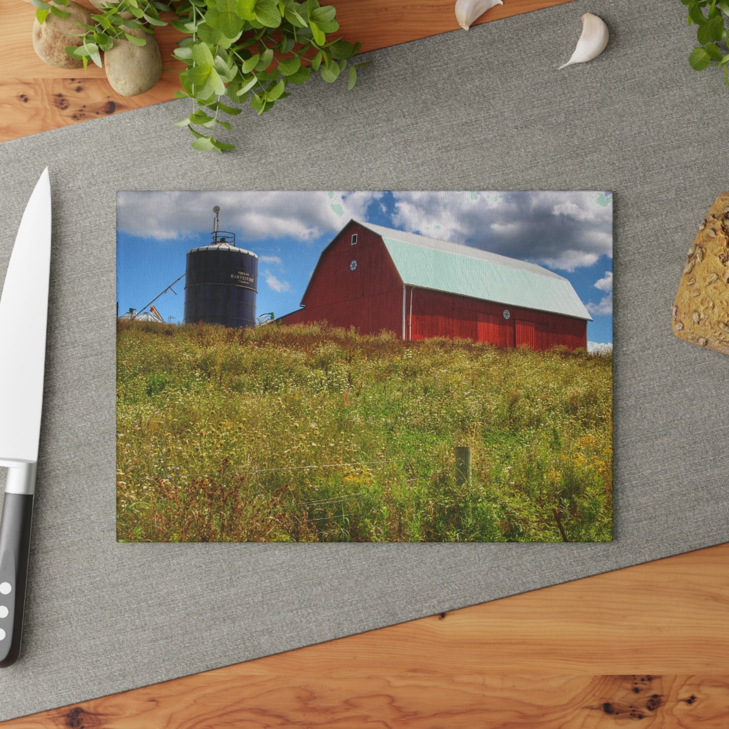 U R There Photography South Henderson Road Hilltop Red I Rustic Farmhouse Tempered-Glass Cutting Board