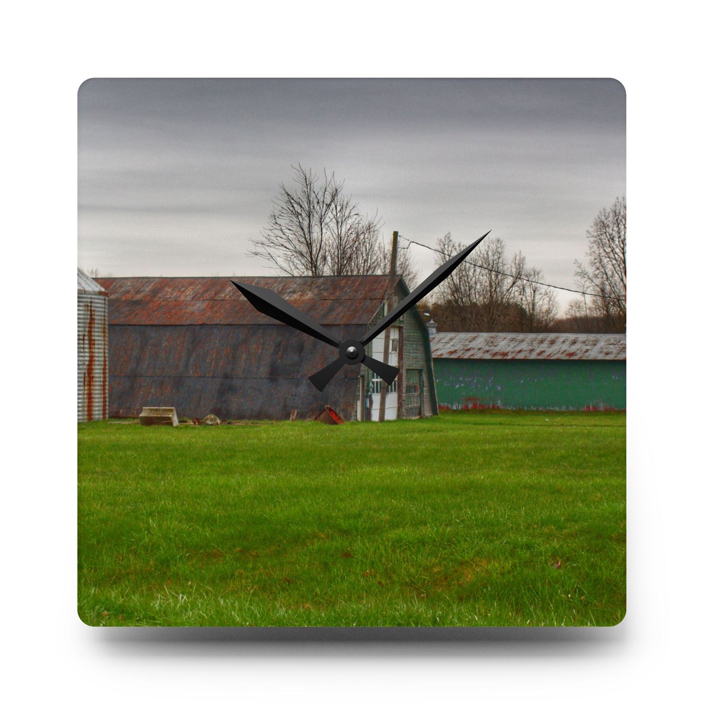 U R There Photography Hough Road Green Quonset II Rustic Farmhouse Acrylic Analog Wall Clock