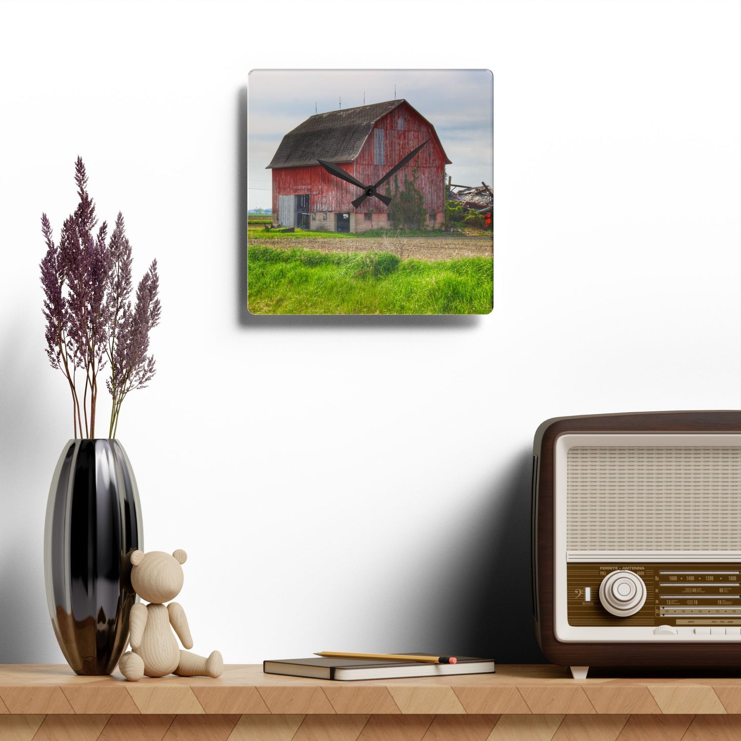 U R There Photography Unionville Elmwood Road Red II Rustic Farmhouse Acrylic Analog Wall Clock