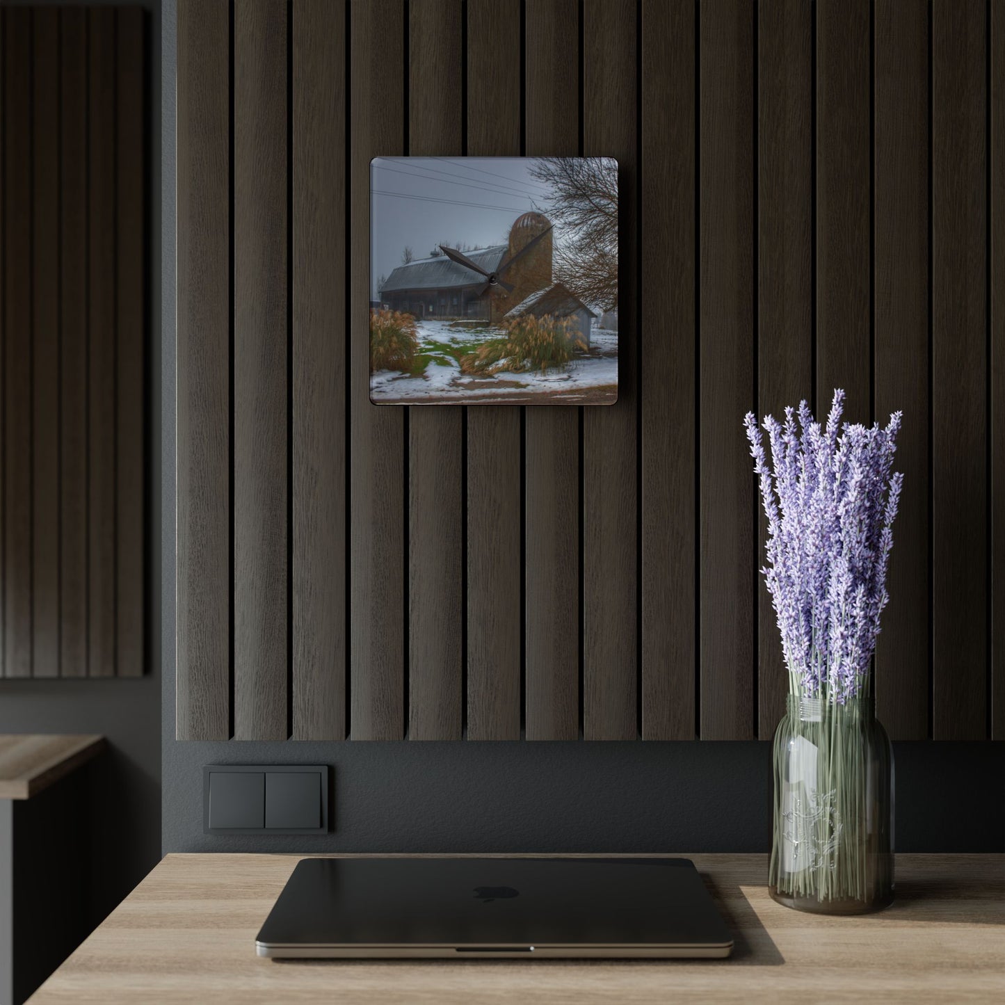 U R There Photography Ludwig Road Greys in the Fog Rustic Farmhouse Acrylic Analog Wall Clock