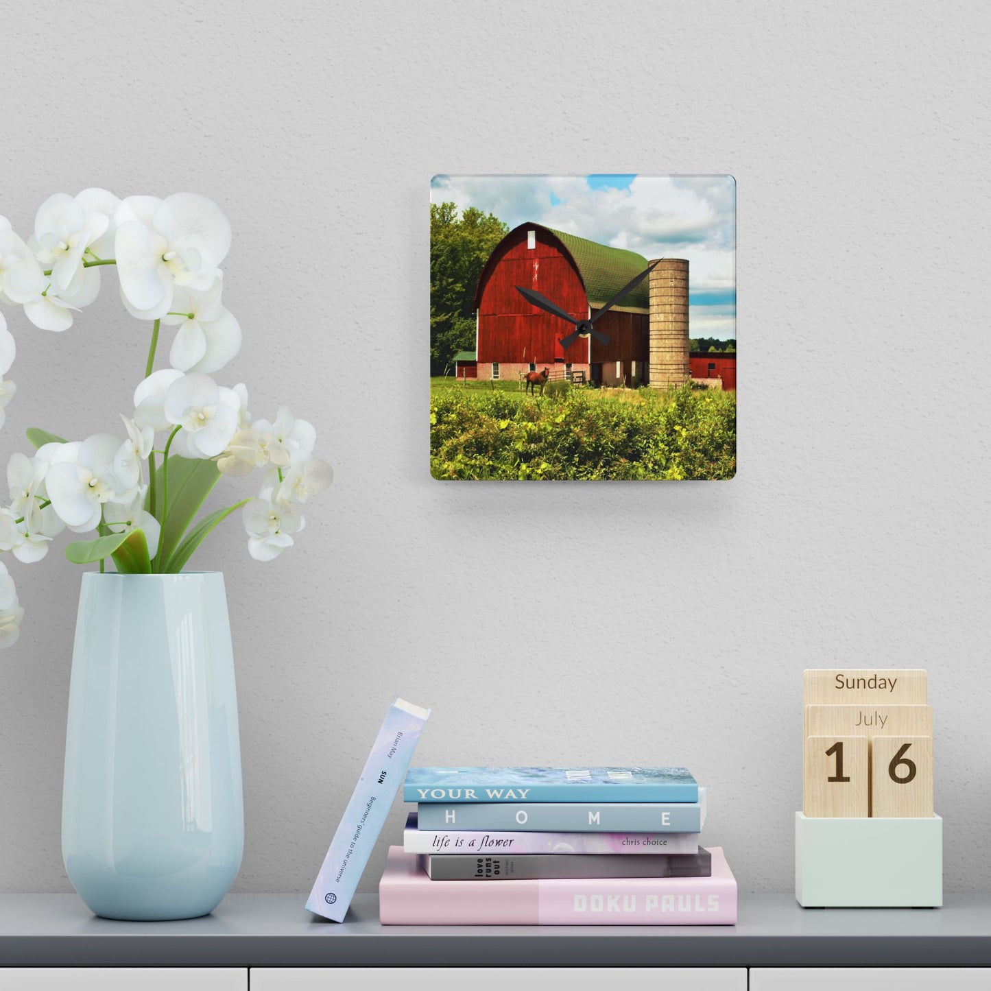 Rustic Farmhouse Wall Clock featuring Red Barn and Horses