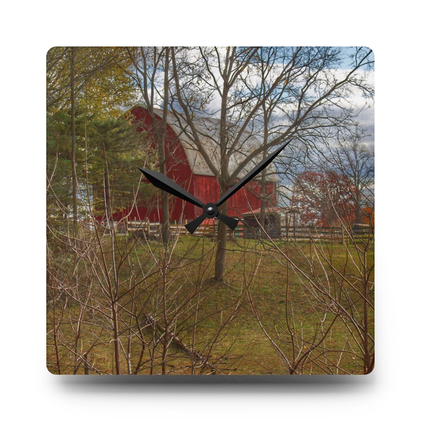 U R There Photography Laur Road Hidden Red Rustic Farmhouse Acrylic Analog Wall Clock