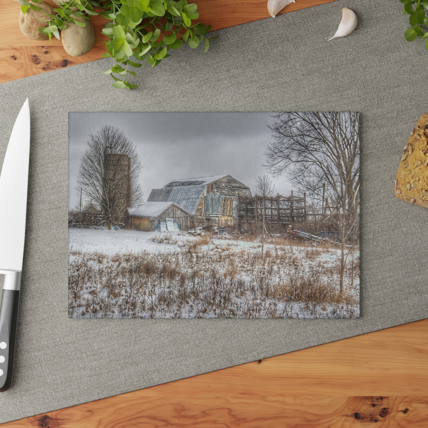 U R There Photography Vermilya Grey and Silo Rustic Farmhouse Tempered-Glass Cutting Board