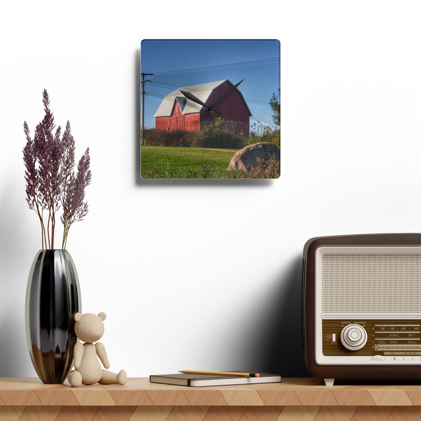 U R There Photography Hemingway Lake Road Red Rustic Farmhouse Acrylic Analog Wall Clock