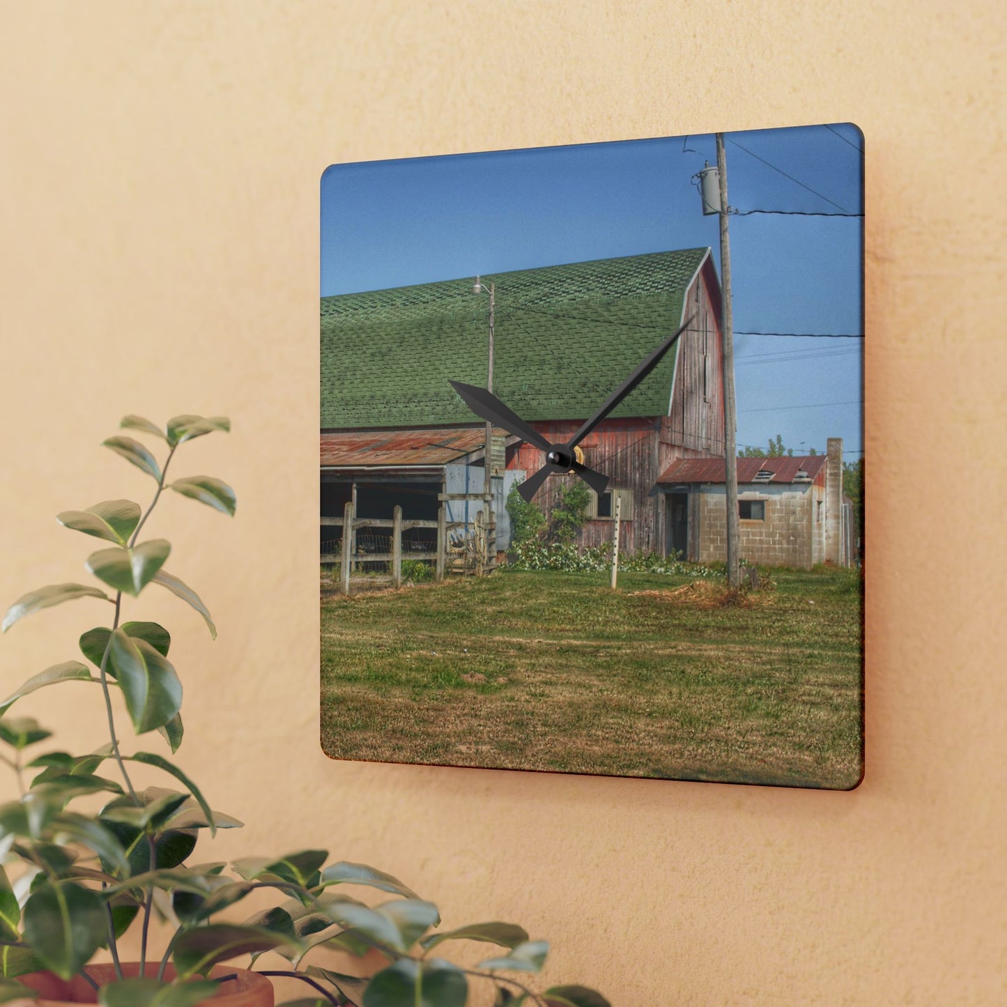 U R There Photography Farrand Road Red with Corral Rustic Farmhouse Acrylic Analog Wall Clock
