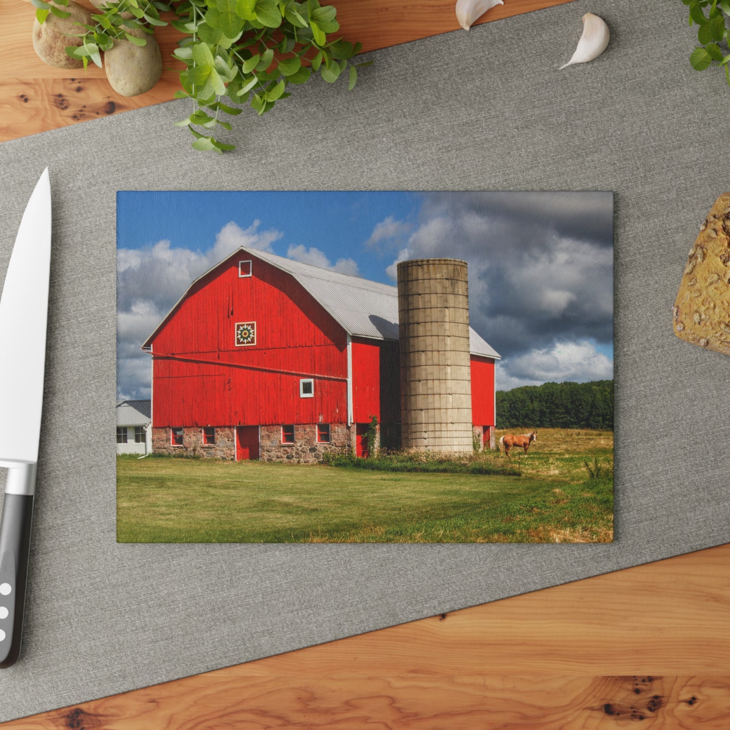 U R There Photography West Brown Road Red and Silo I Rustic Farmhouse Tempered-Glass Cutting Board