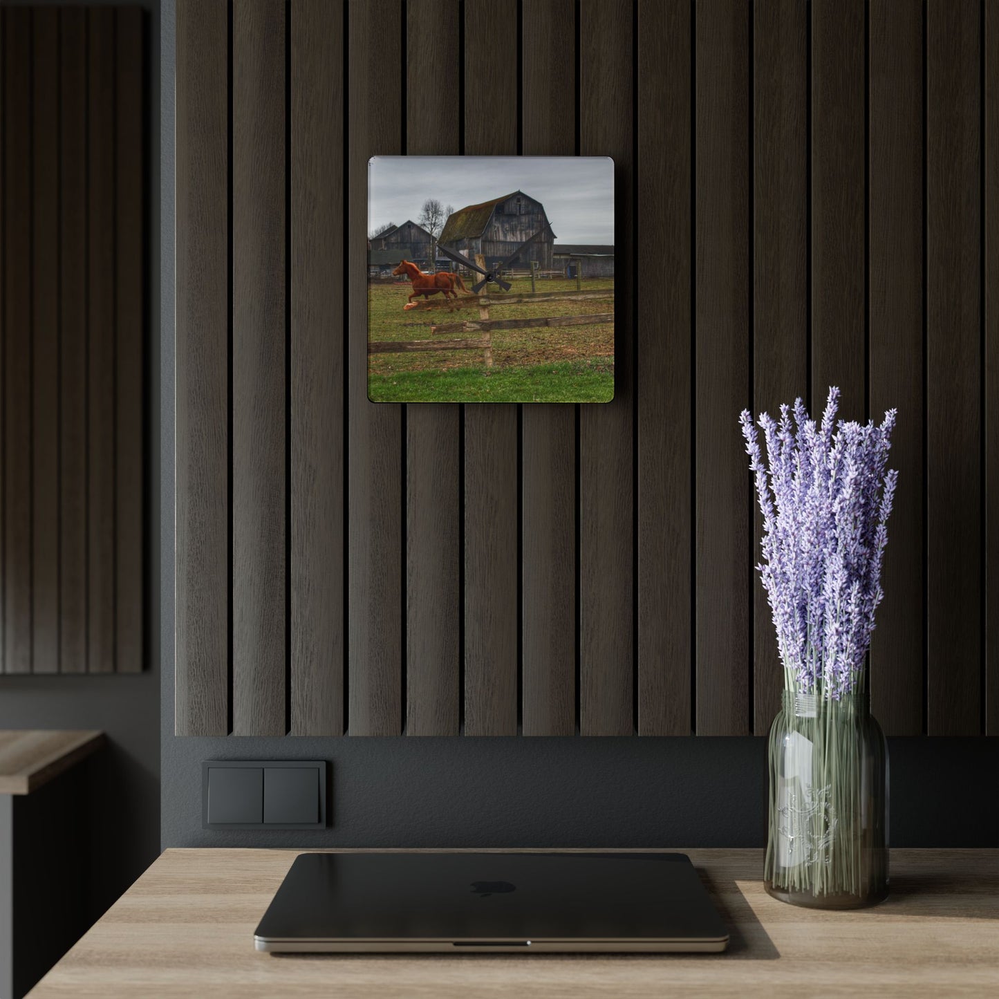 U R There Photography South Summers Road Old Grey and Caramel III Rustic Farmhouse Acrylic Analog Wall Clock