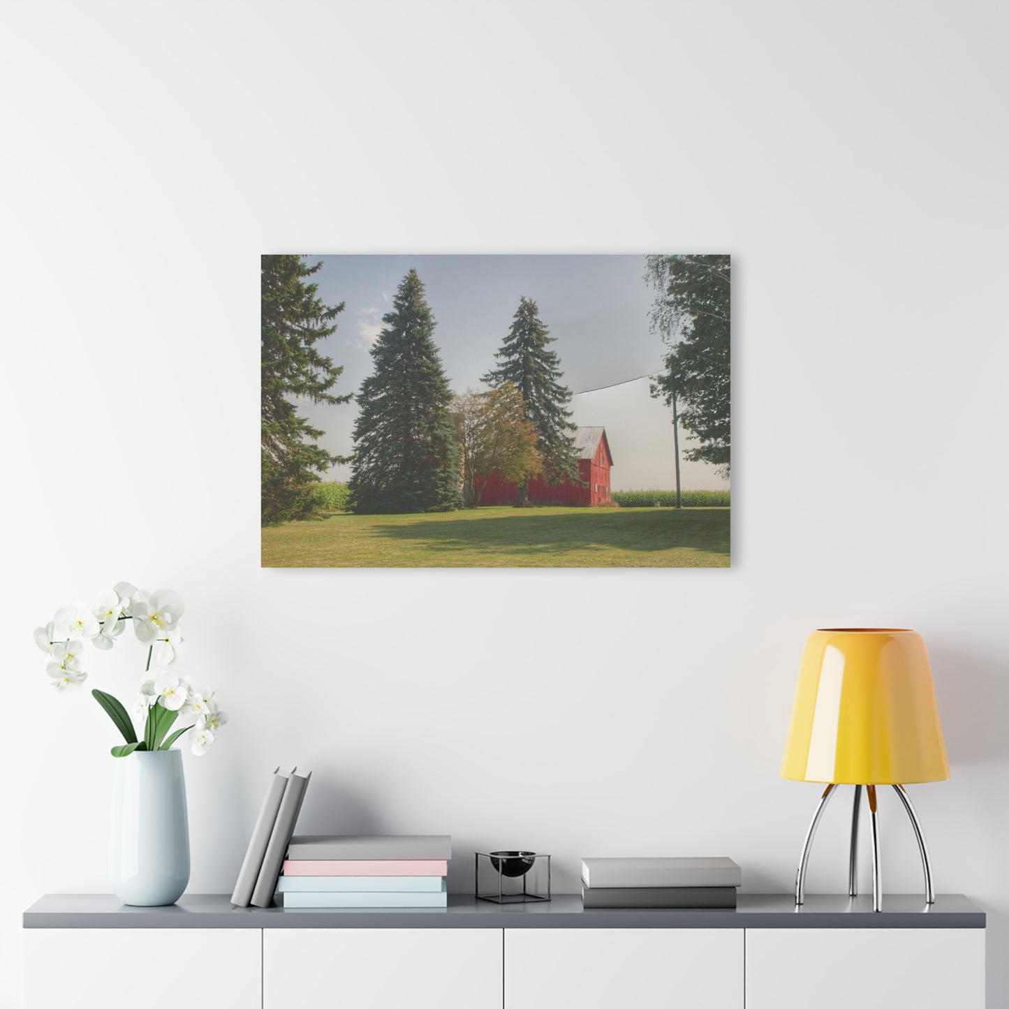 U R There Photography Small Red Barn Beneath the Pines Rustic Farmhouse Acrylic Wall Print