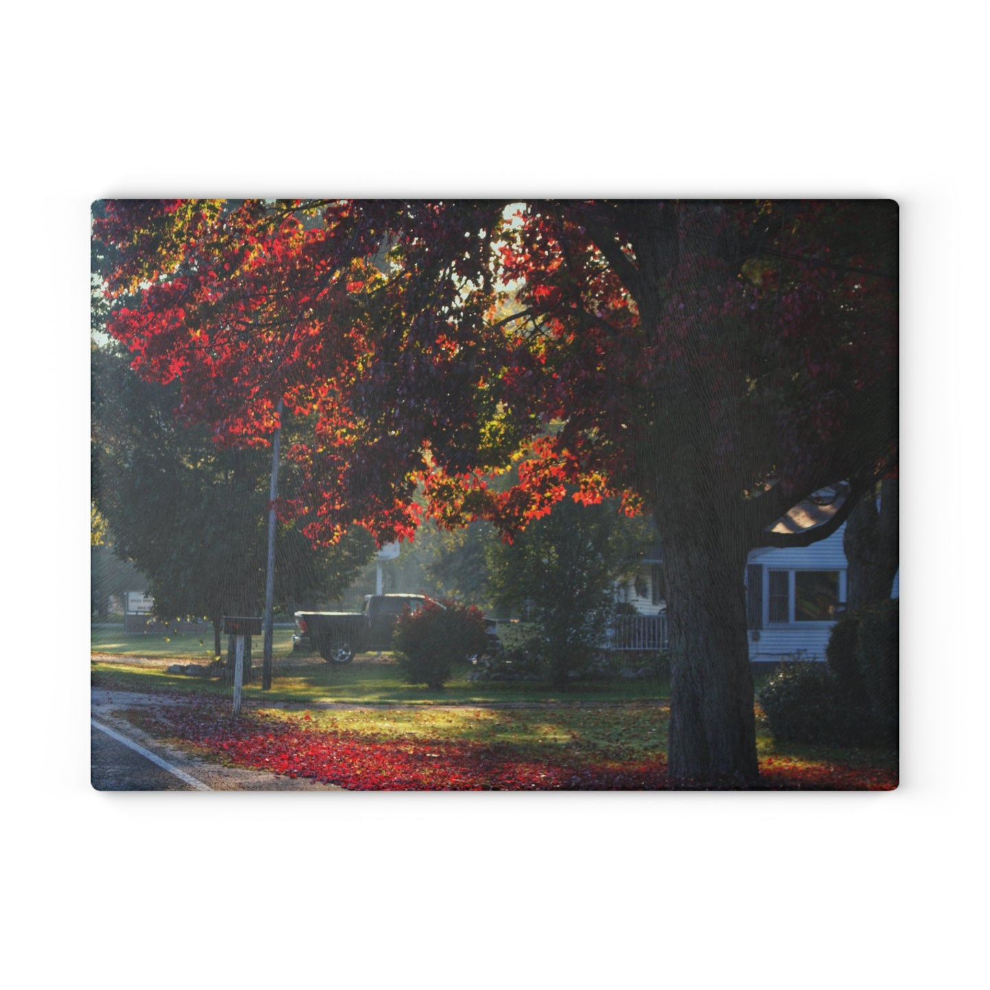 U R There Photography Red Crimson Leaves of Lum Rustic Farmhouse Tempered-Glass Cutting Board