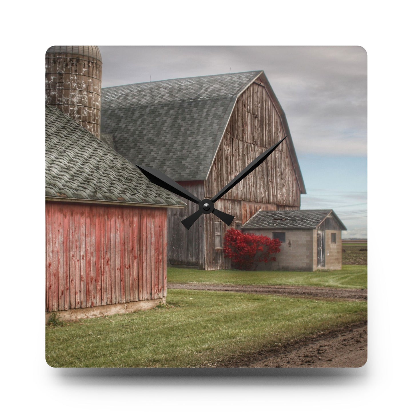 U R There Photography Roedel Roadside Reds III Rustic Farmhouse Acrylic Analog Wall Clock