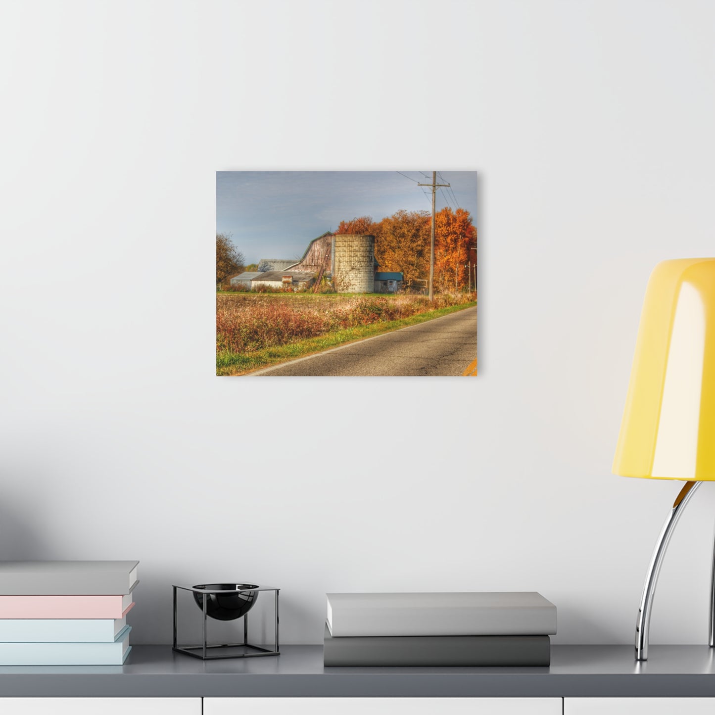U R There Photography Plumb Creek Road Red in Fall II Rustic Farmhouse Acrylic Wall Print