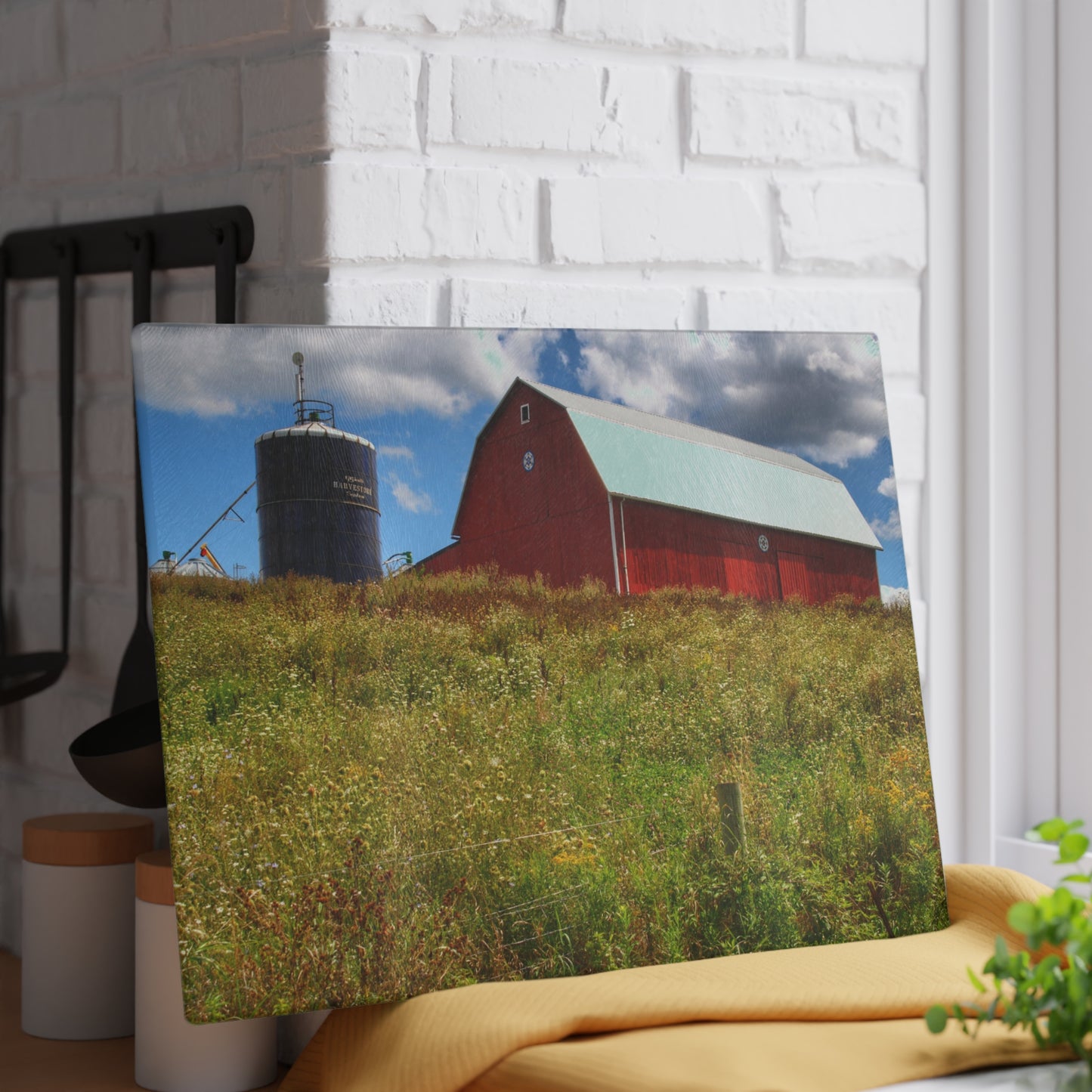 U R There Photography South Henderson Road Hilltop Red I Rustic Farmhouse Tempered-Glass Cutting Board