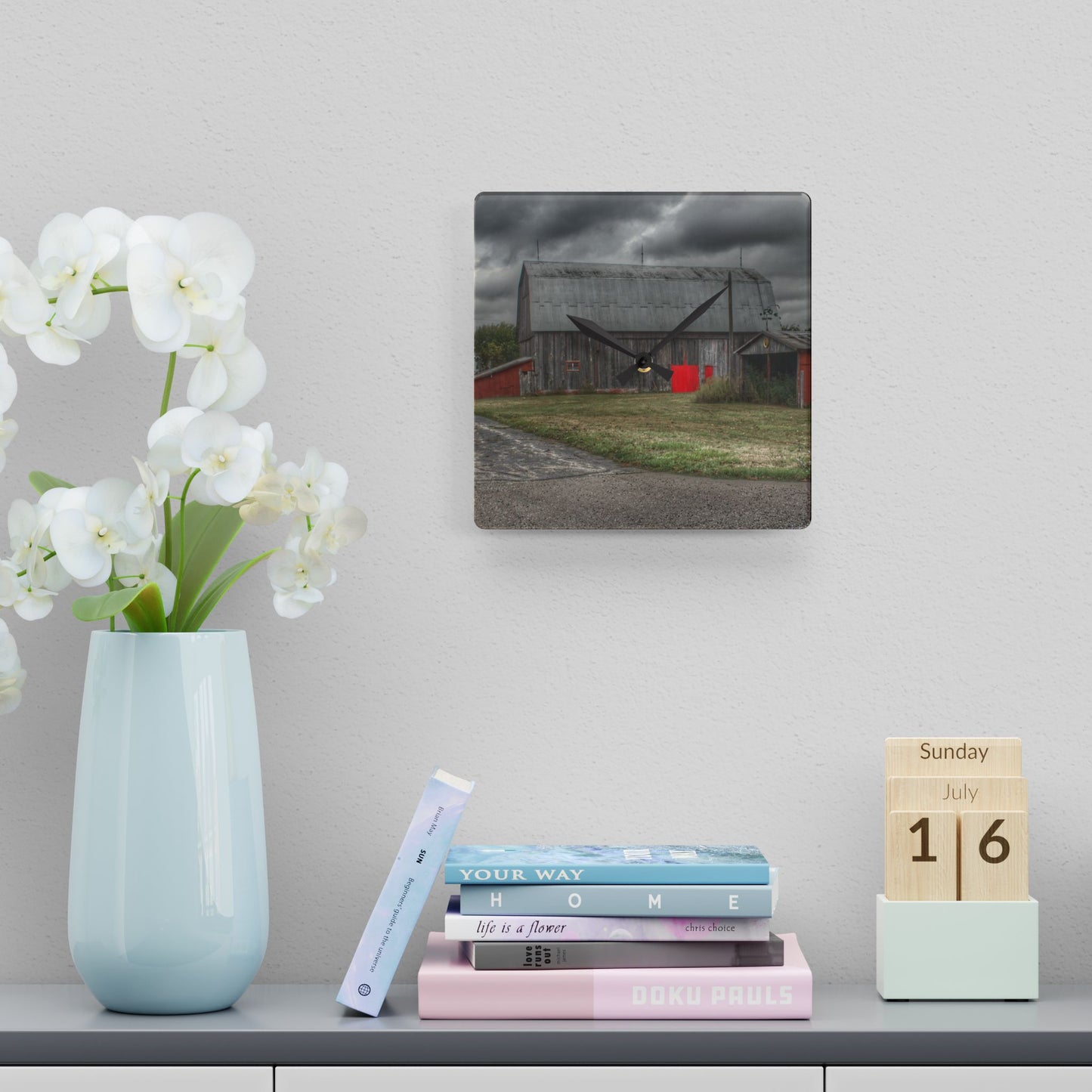 Rustic Farmhouse Wall Clock featuring Wadsworth Road Grey Saltbox