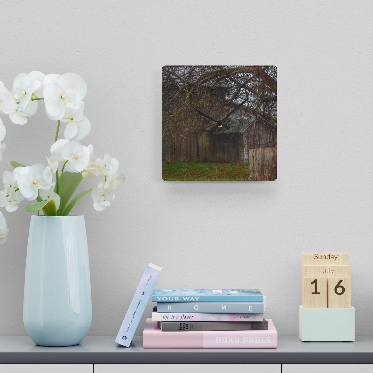 U R There Photography Bowers Road Greys III Rustic Farmhouse Acrylic Analog Wall Clock