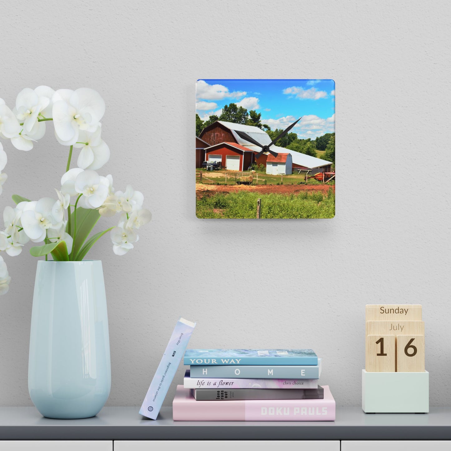 U R There Photography McKeen Lake Road Reds II Rustic Farmhouse Acrylic Analog Wall Clock