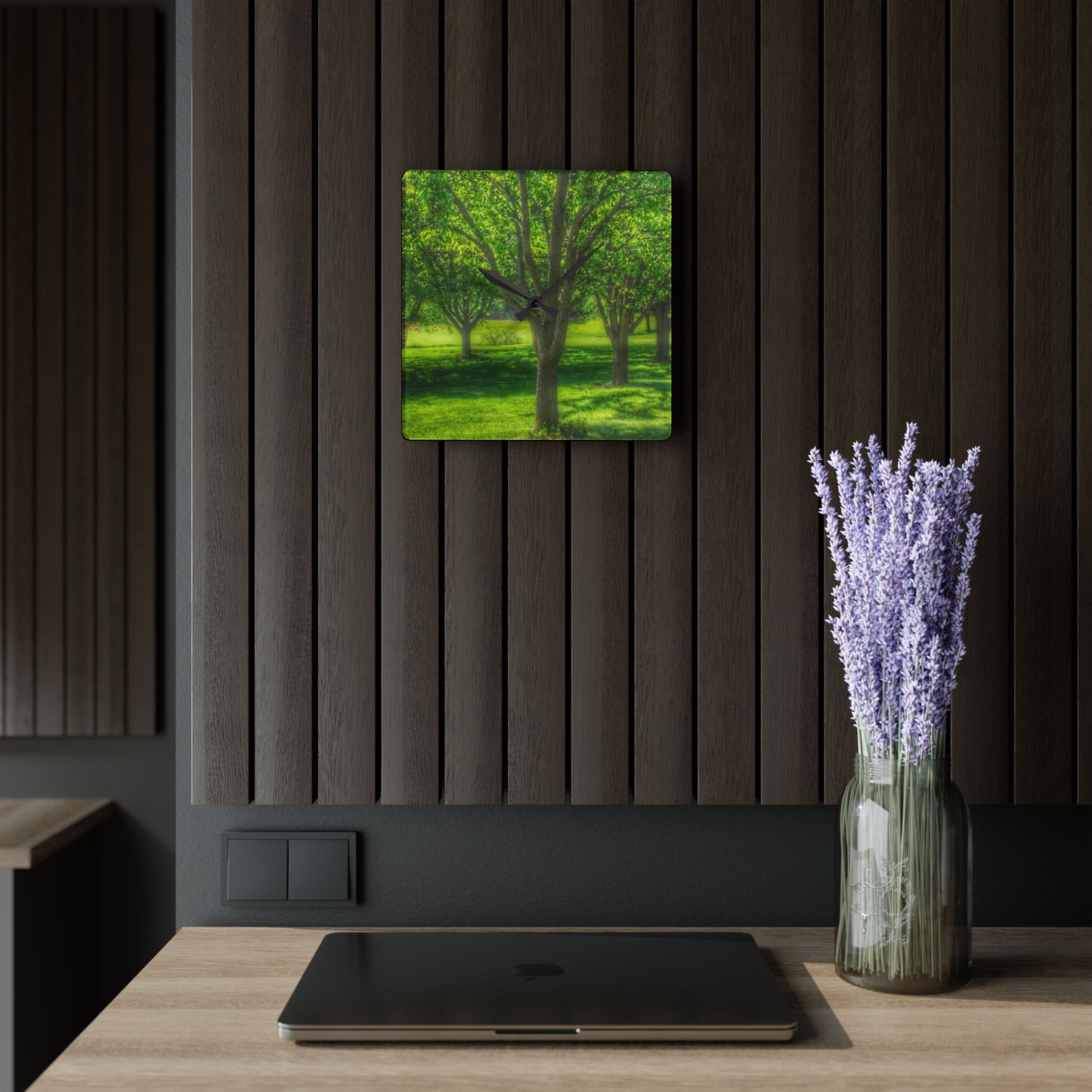 U R There Photography Spring Trees in Chartreuse Rustic Farmhouse Acrylic Analog Wall Clock