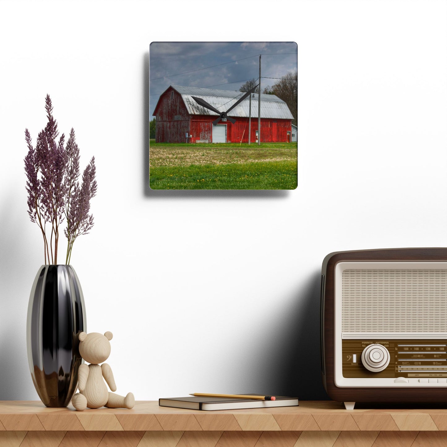 U R There Photography Coldwater Road Red I Rustic Farmhouse Acrylic Analog Wall Clock