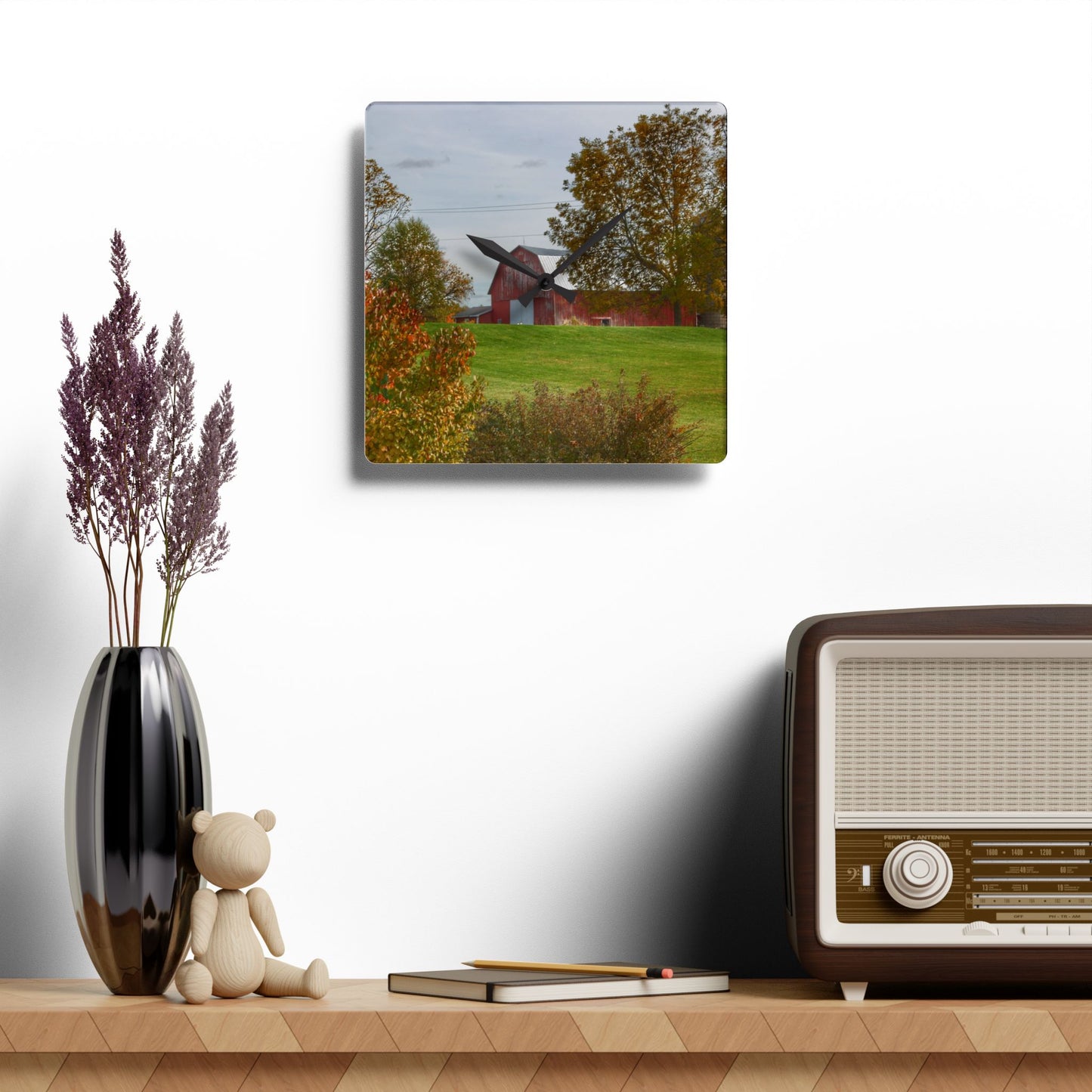 U R There Photography Maple Leaf Road Red Rustic Farmhouse Acrylic Analog Wall Clock