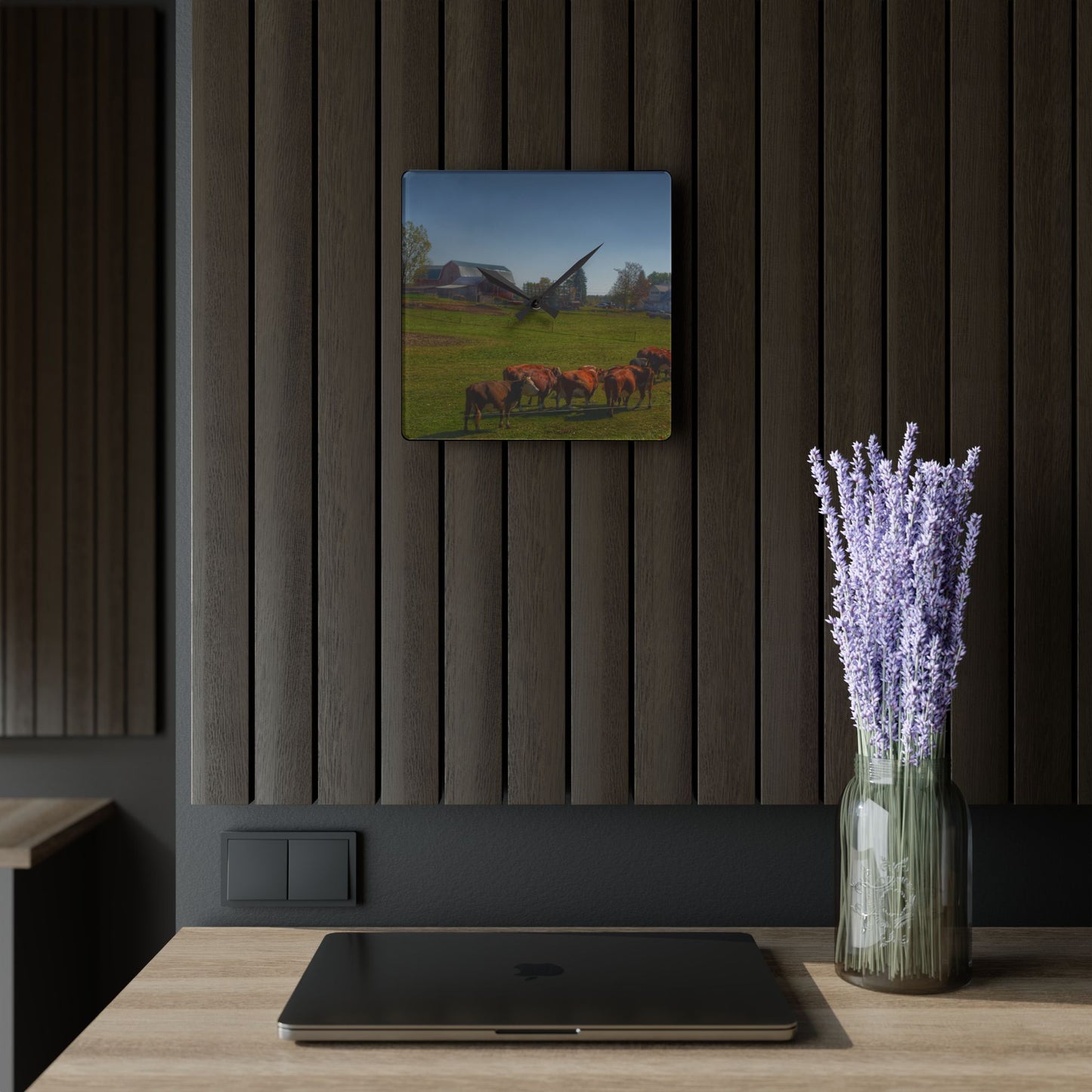 U R There Photography Plain Road Farm and Cows Rustic Farmhouse Acrylic Analog Wall Clock