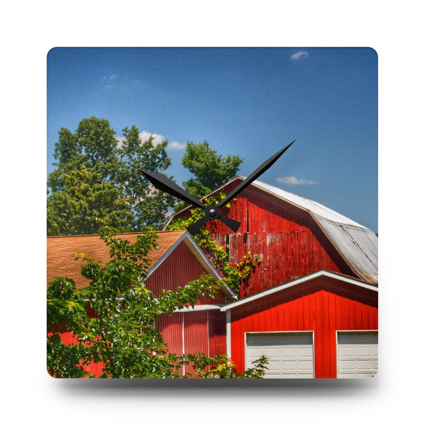 U R There Photography McKeen Lake Road Reds I Rustic Farmhouse Acrylic Analog Wall Clock