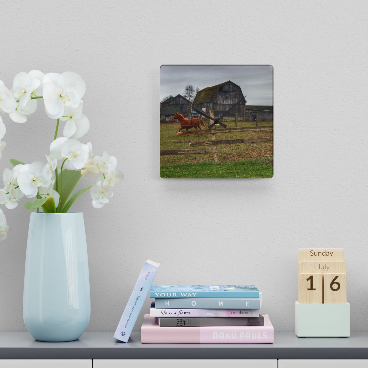 U R There Photography South Summers Road Old Grey and Caramel III Rustic Farmhouse Acrylic Analog Wall Clock