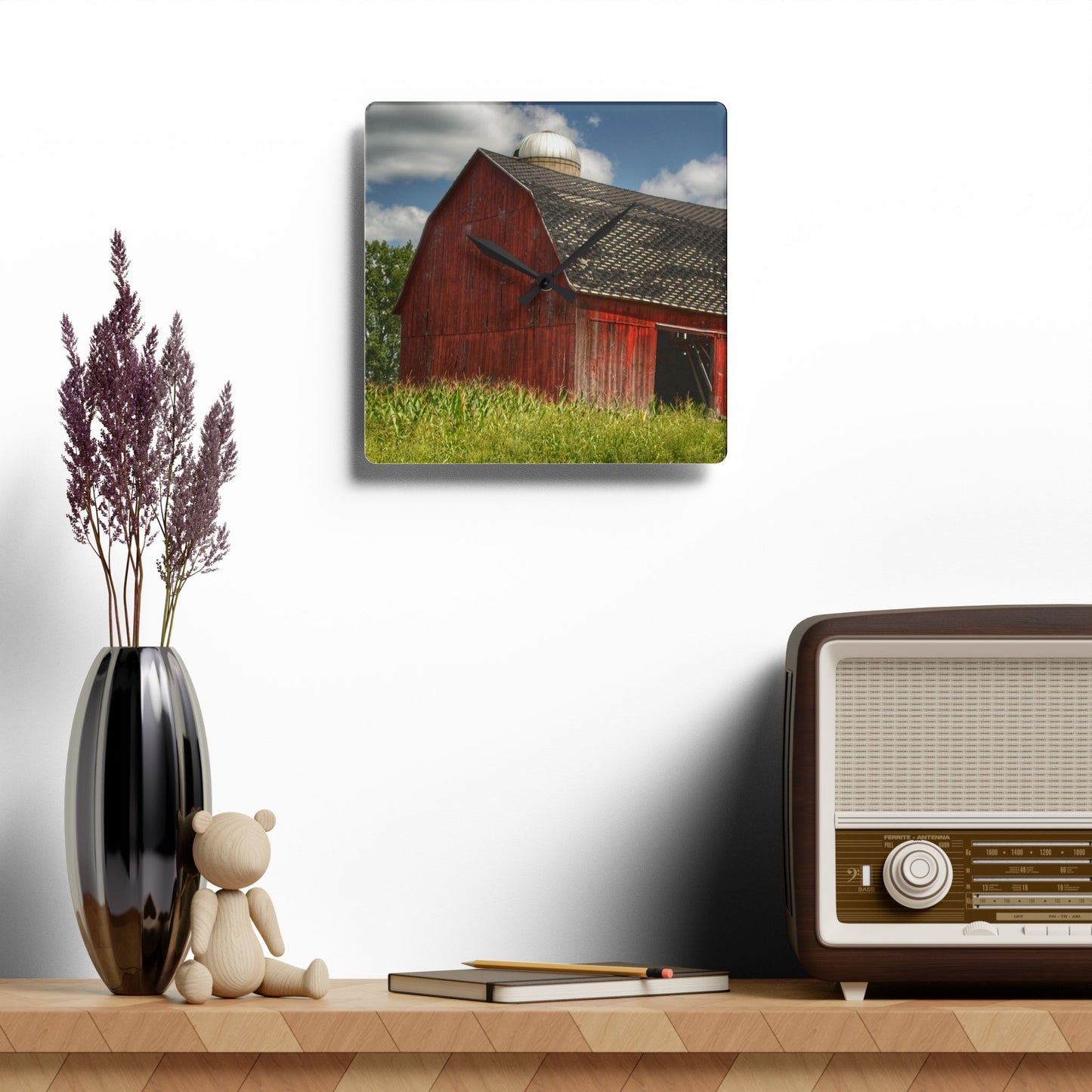 U R There Photography Hollenbeck Road Red I Rustic Farmhouse Acrylic Analog Wall Clock