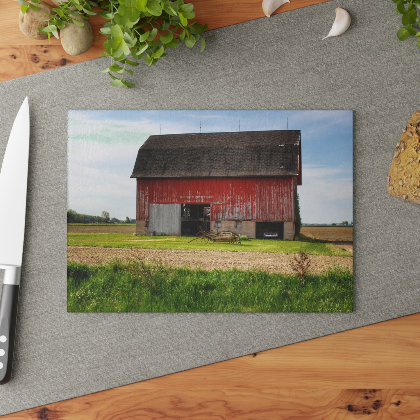 U R There Photography Unionville Elmwood Road Red I Rustic Farmhouse Tempered-Glass Cutting Board