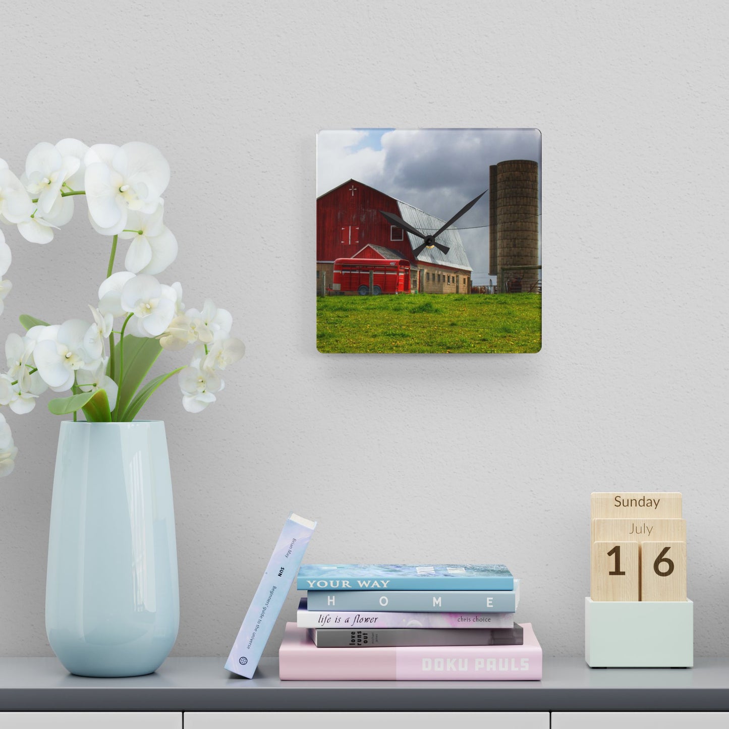 U R There Photography Clothier Road Red and Silo Rustic Farmhouse Acrylic Analog Wall Clock