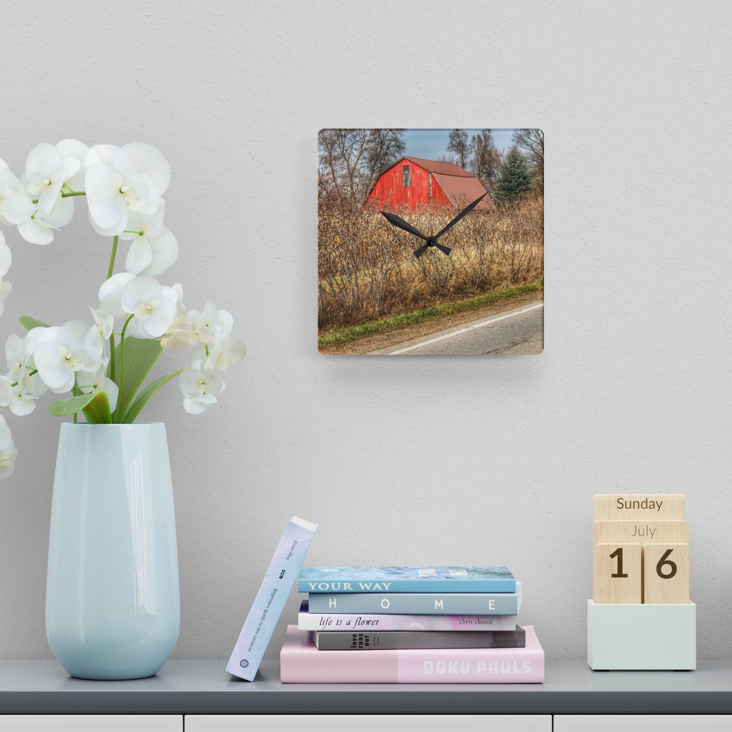 U R There Photography South Lake Pleasant Road Red Rustic Farmhouse Acrylic Analog Wall Clock