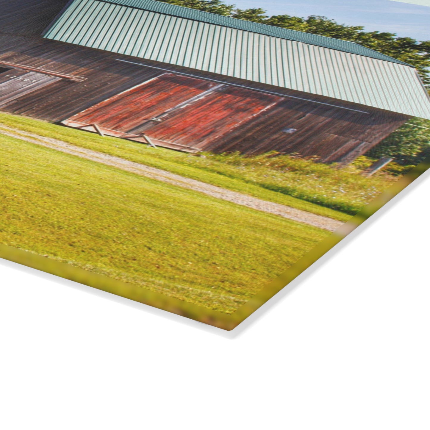 U R There Photography Red Door Barn of Mount Morris Road Rustic Farmhouse Tempered-Glass Cutting Board