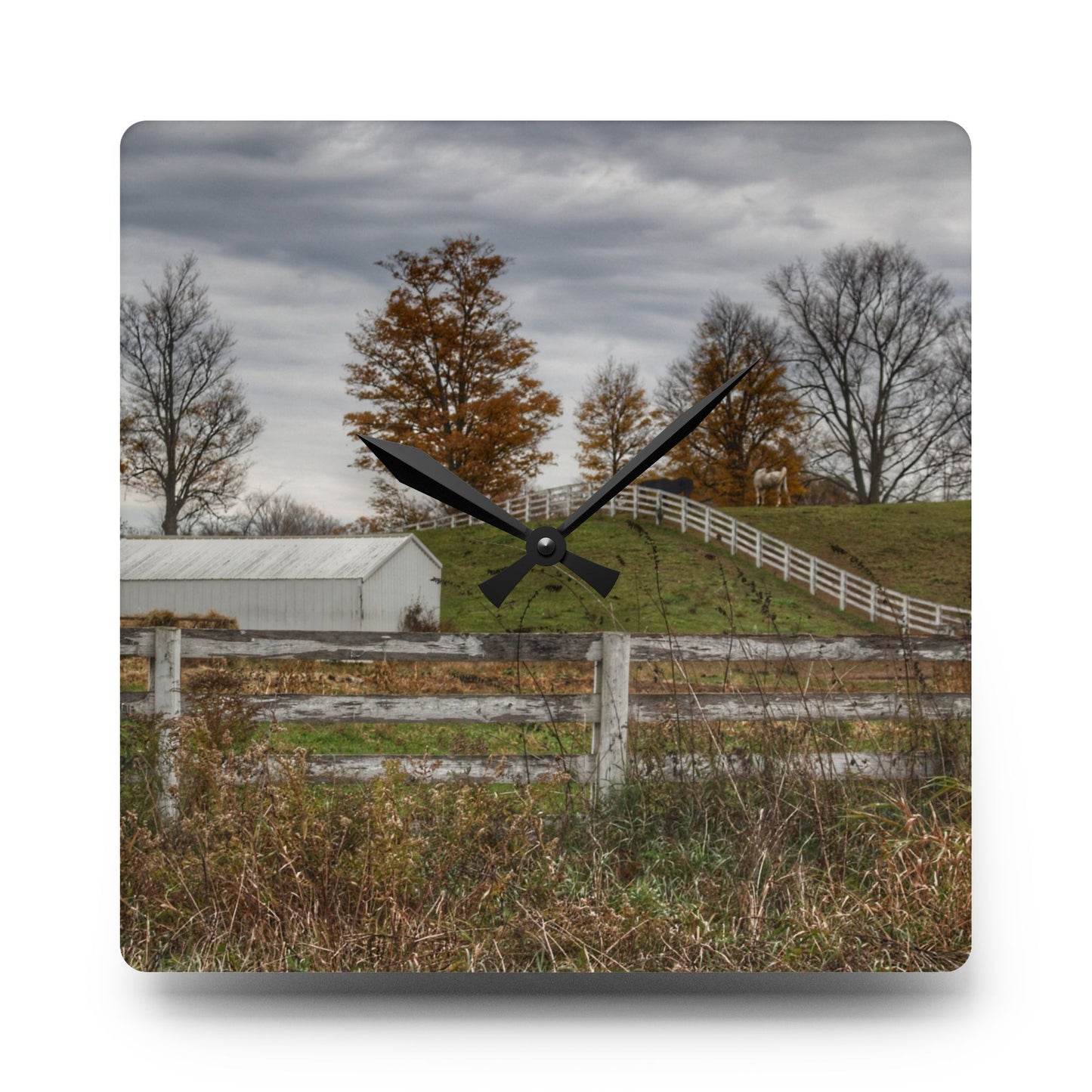 U R There Photography Millville Road Horses on the Hill Rustic Farmhouse Acrylic Analog Wall Clock