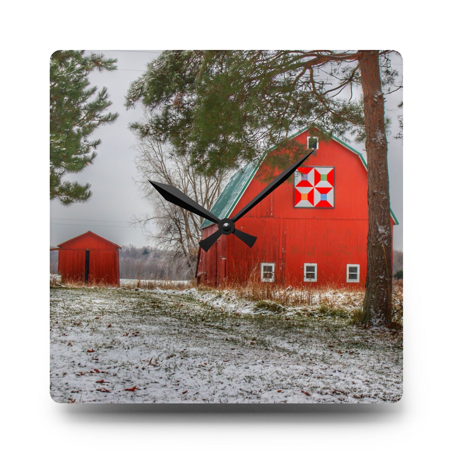 U R There Photography McKail Road Quilted Red Rustic Farmhouse Acrylic Analog Wall Clock