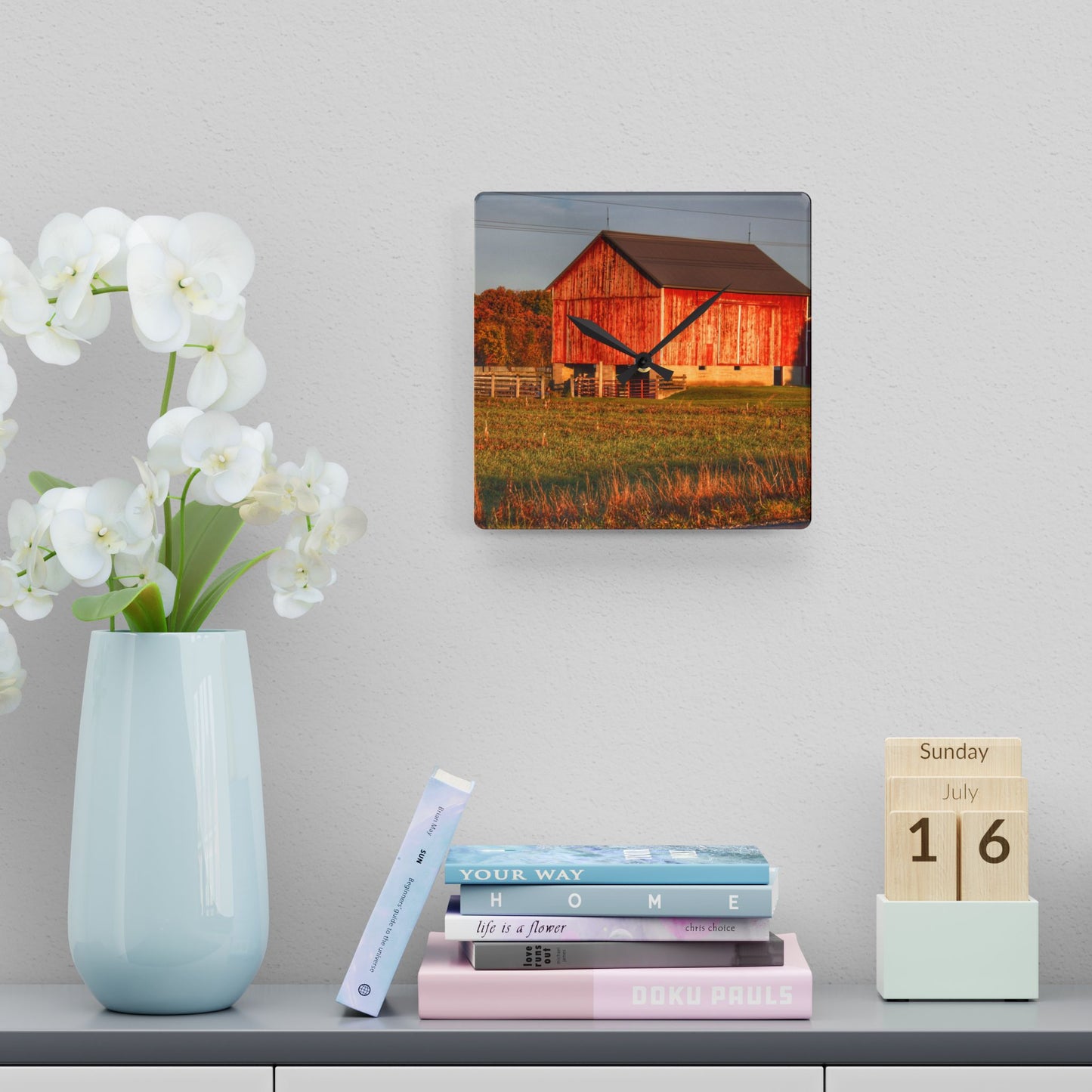 U R There Photography Lake Pleasant Corral Red II Rustic Farmhouse Acrylic Analog Wall Clock
