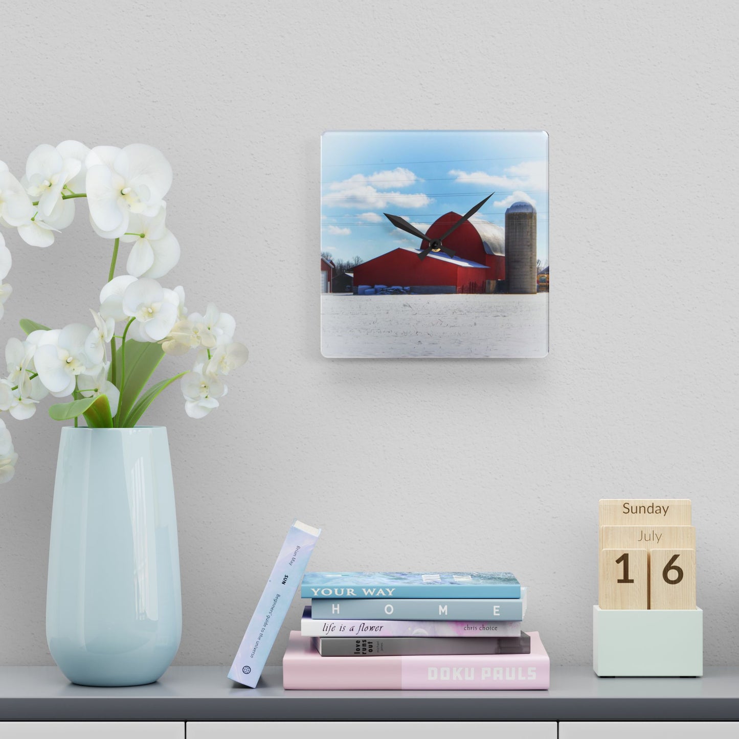 U R There Photography Barnes Road Reds Rustic Farmhouse Acrylic Analog Wall Clock
