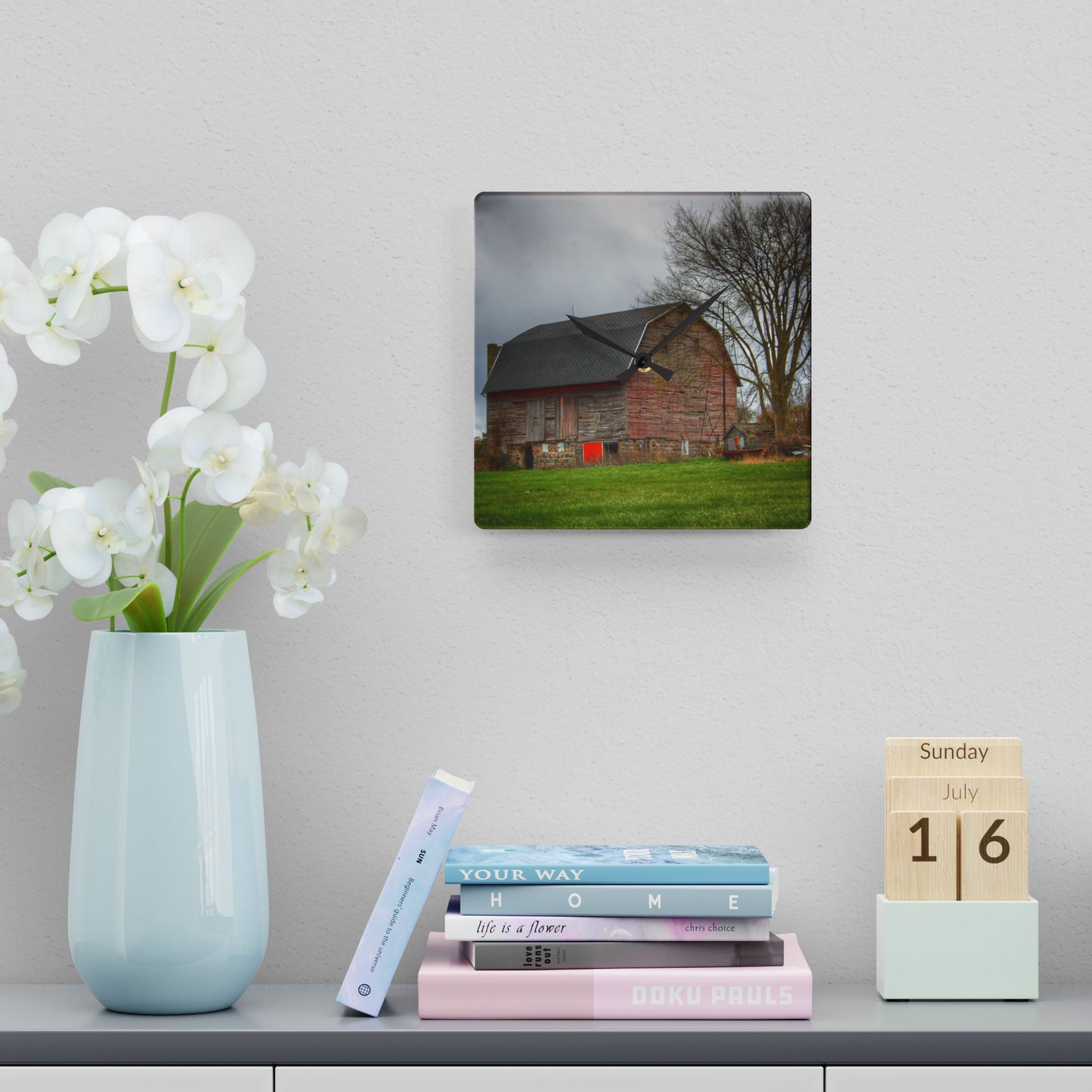 U R There Photography Ashley Drive Fieldstone Red Rustic Farmhouse Acrylic Analog Wall Clock