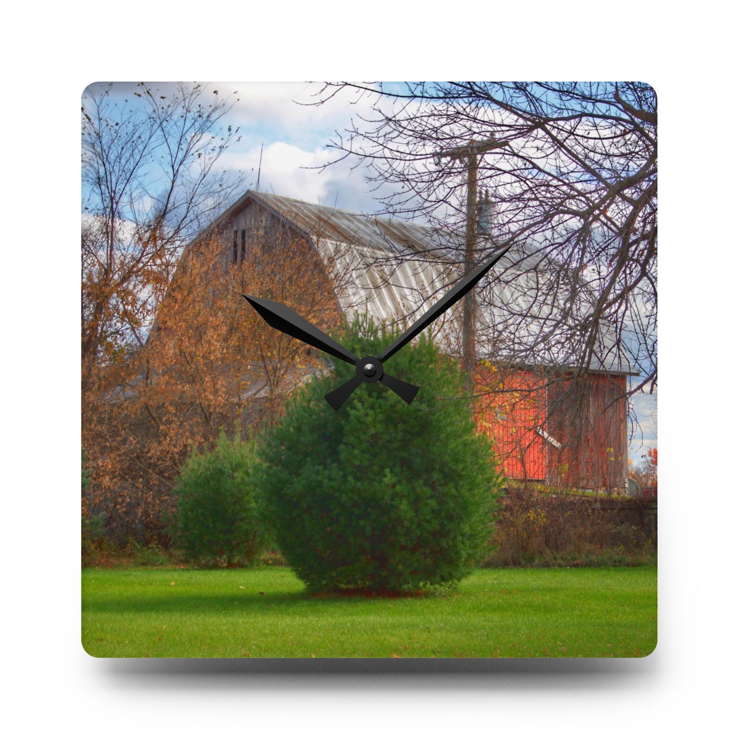 U R There Photography Millis Road Hidden Red Rustic Farmhouse Acrylic Analog Wall Clock