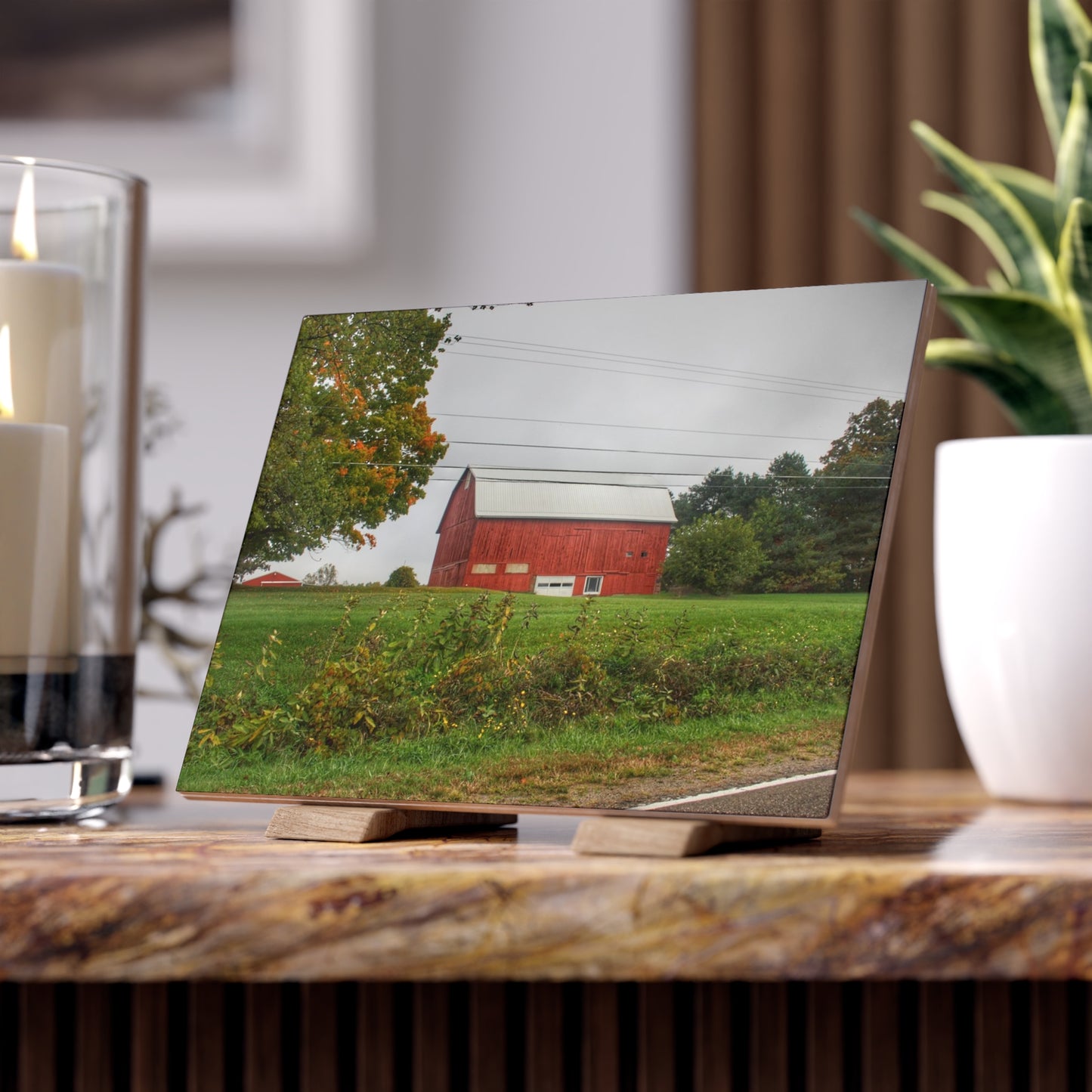 U R There Photography Bronson Lake Road Red Rustic Farmhouse Decorative Ceramic Tile 6" × 8" Matte