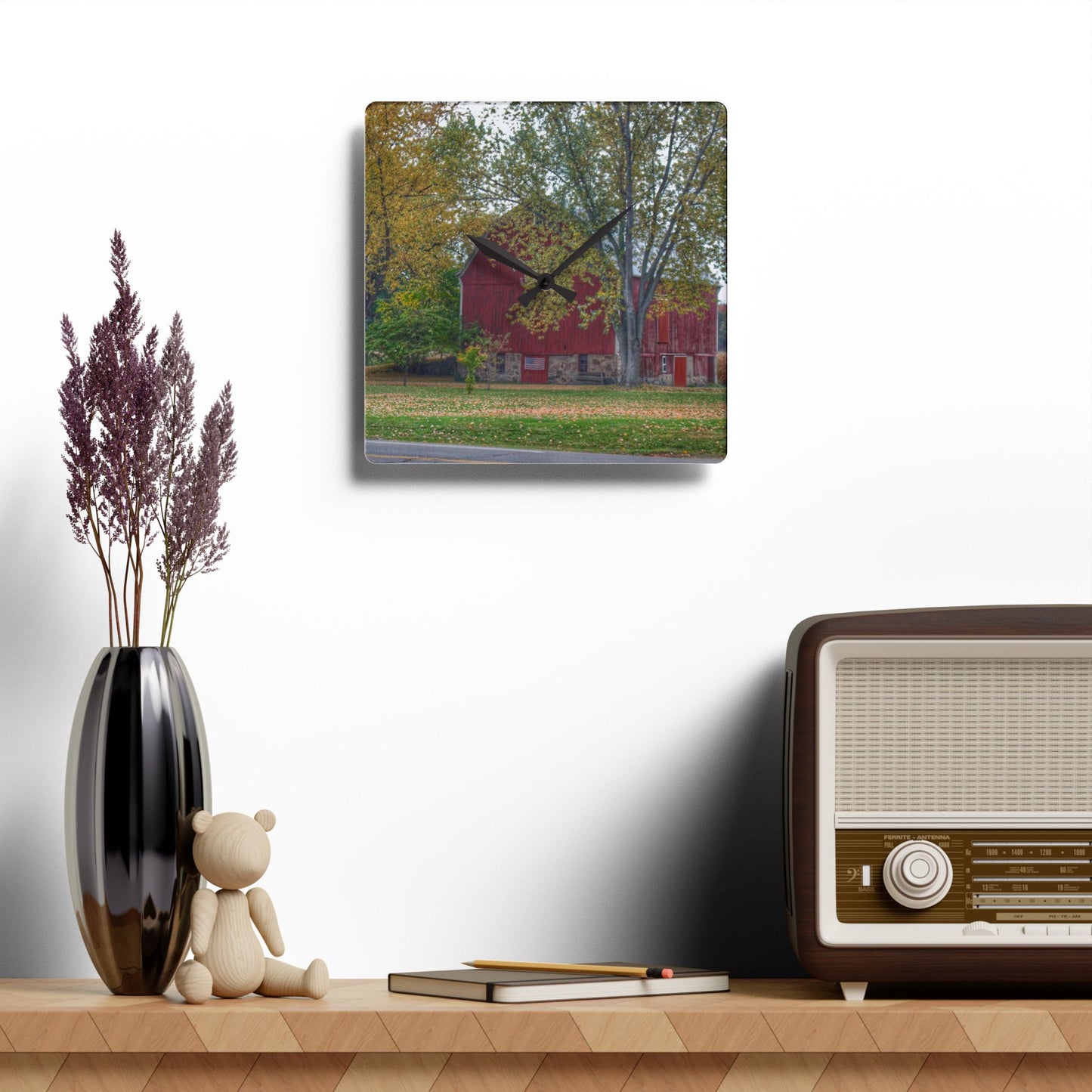 U R There Photography Mayville Lapeer Road Red in the Fall Rustic Farmhouse Acrylic Analog Wall Clock