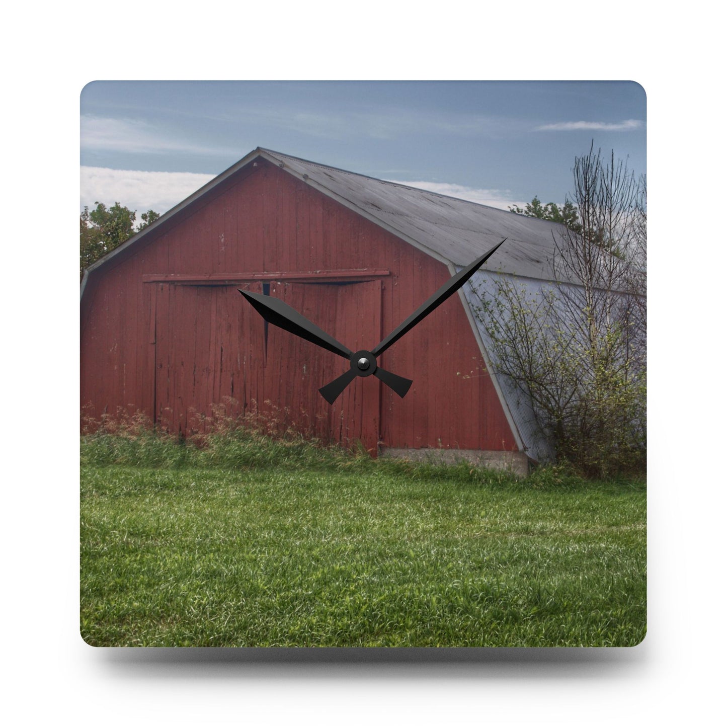 U R There Photography Piersonville Road Red Quonset Rustic Farmhouse Acrylic Analog Wall Clock