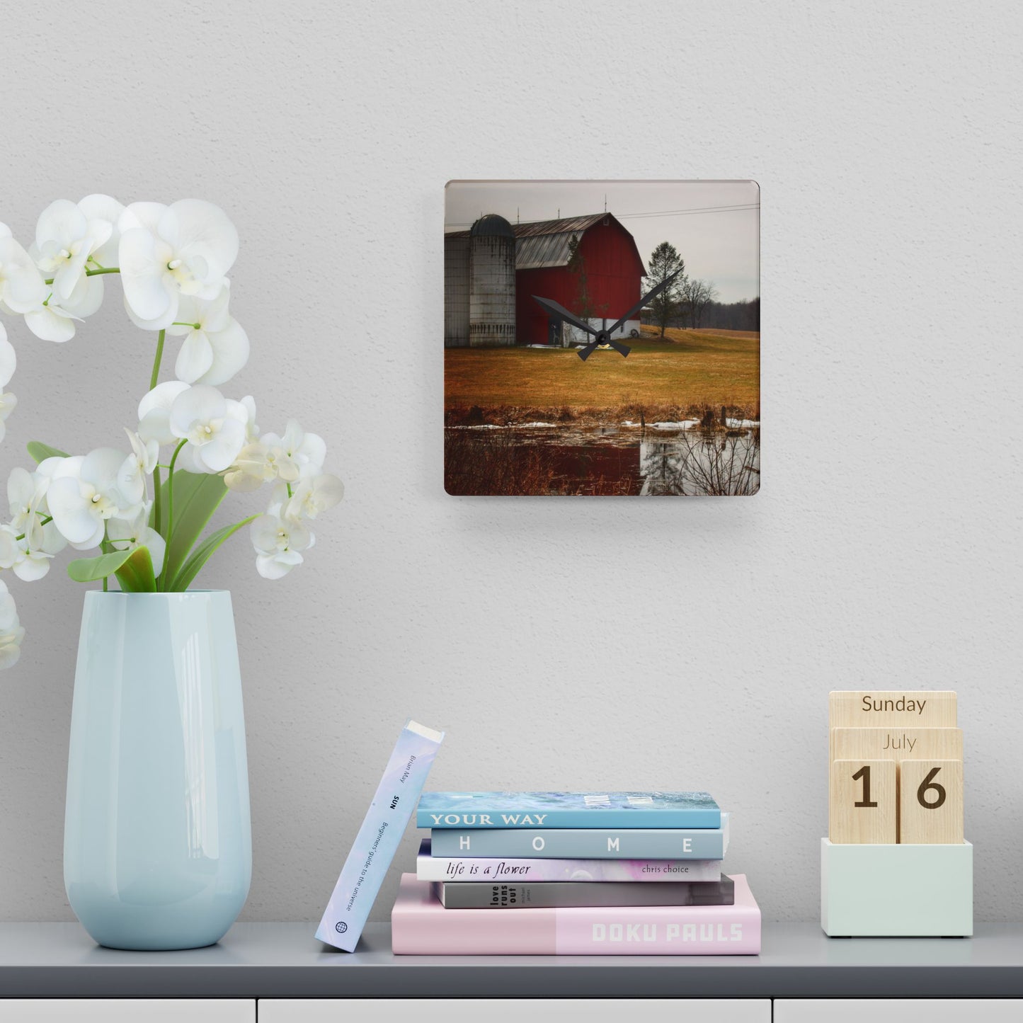 U R There Photography Havens Road Red Rustic Farmhouse Acrylic Analog Wall Clock