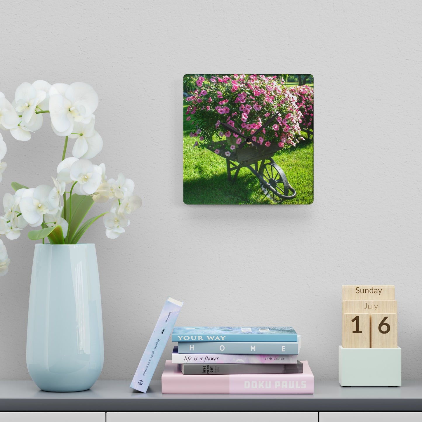 Rustic Farmhouse Wall Clock featuring Wheelbarrow Full of Flowers