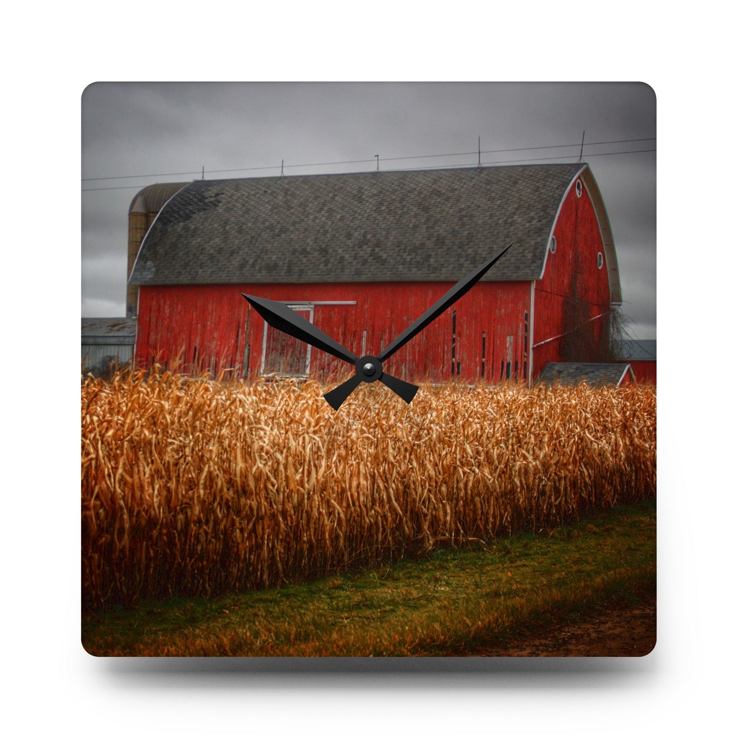 U R There Photography Slattery Road Cornfield Red Rustic Farmhouse Acrylic Analog Wall Clock