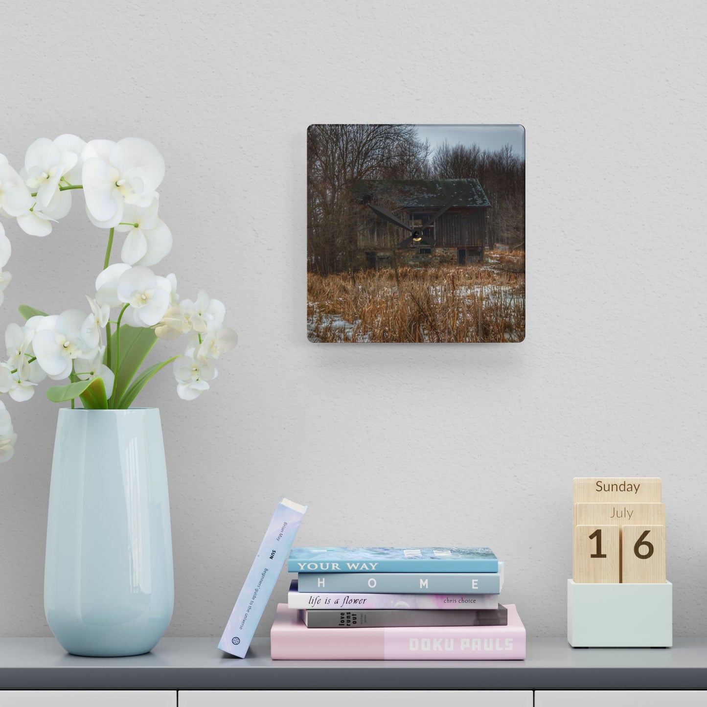 U R There Photography Norway Lake Hidden Grey I Rustic Farmhouse Acrylic Analog Wall Clock
