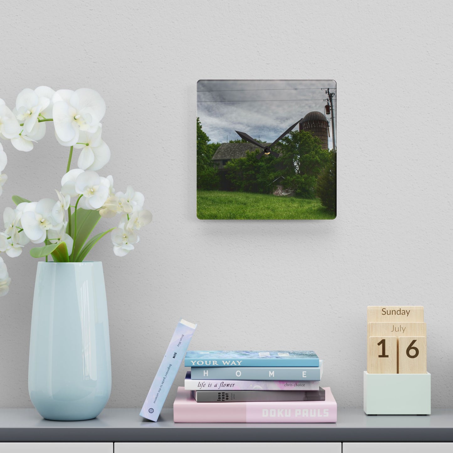 U R There Photography Higgins Road Greys Beyond the Greens Rustic Farmhouse Acrylic Analog Wall Clock
