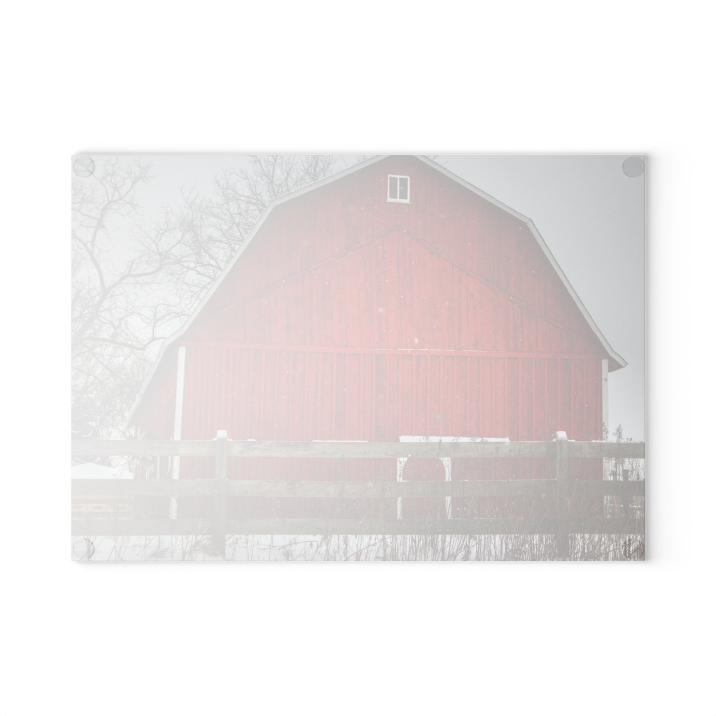 U R There Photography Big Red Beyond the Fence Rustic Farmhouse Tempered-Glass Cutting Board