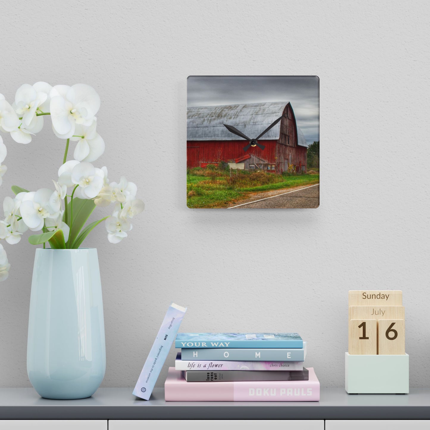 U R There Photography Valentine Road Red Saltbox Rustic Farmhouse Acrylic Analog Wall Clock