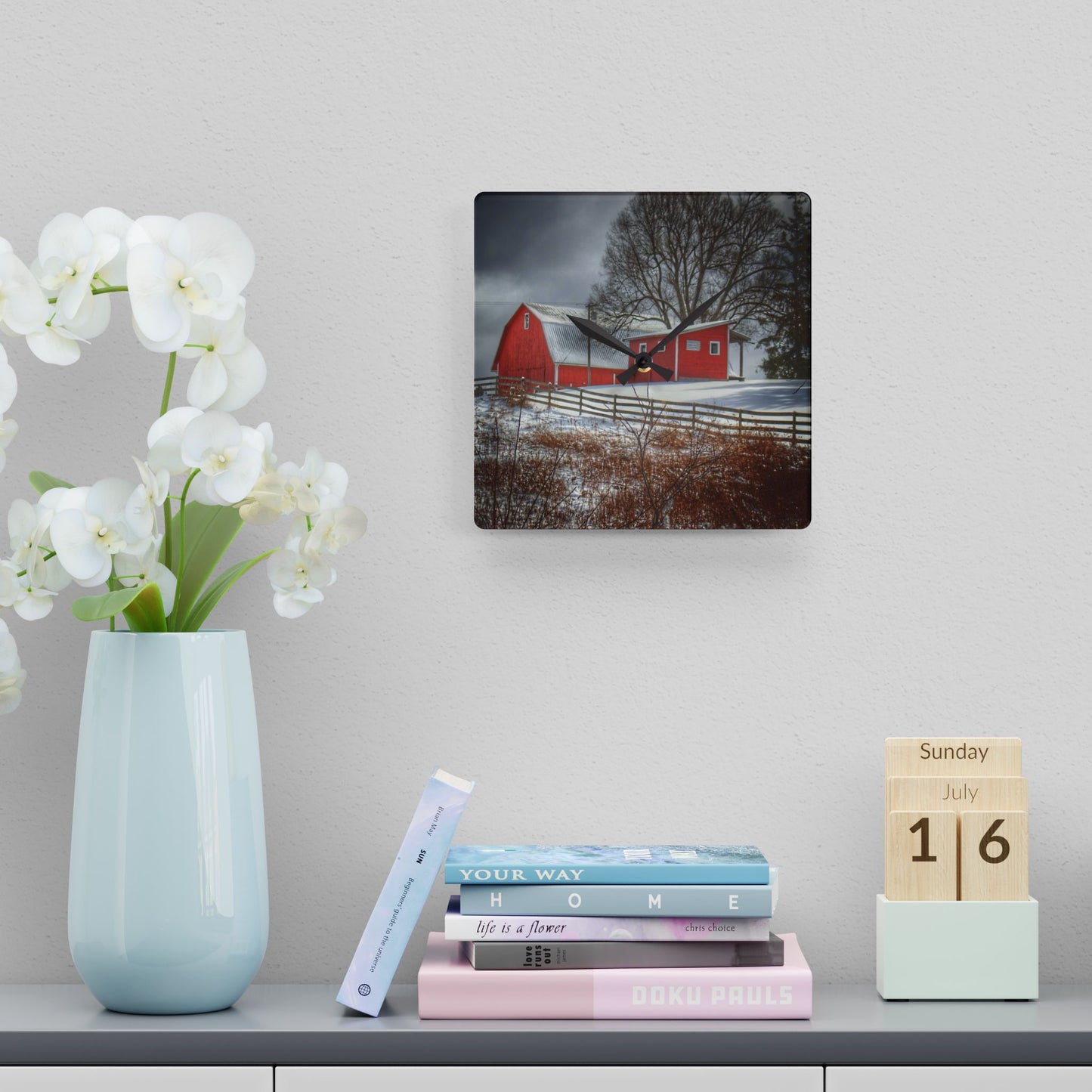 U R There Photography Catlin Red and Fence I Rustic Farmhouse Acrylic Analog Wall Clock 10.75'' × 10.75'' (Square)