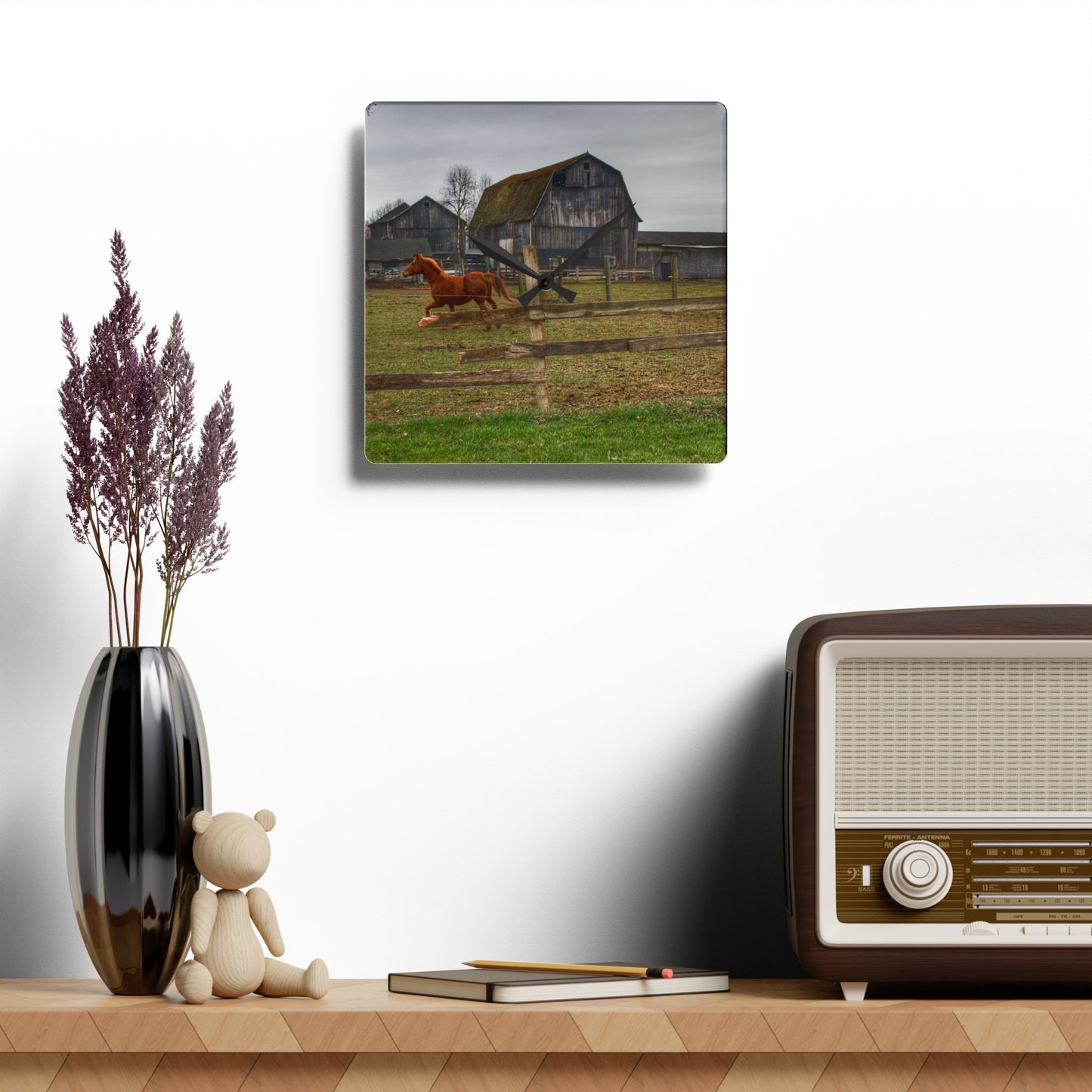 U R There Photography South Summers Road Old Grey and Caramel III Rustic Farmhouse Acrylic Analog Wall Clock